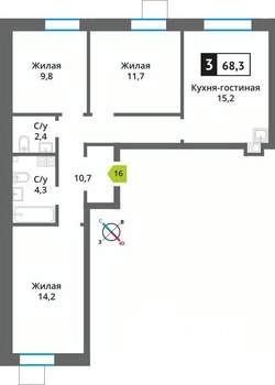3-к квартира, вторичка, 68м2, 3/9 этаж