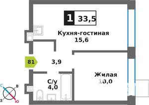 1-к квартира, вторичка, 34м2, 7/9 этаж