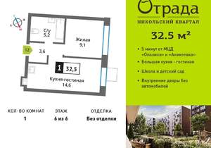 1-к квартира, вторичка, 33м2, 6/9 этаж