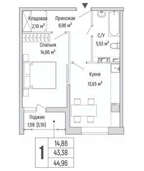 1-к квартира, вторичка, 45м2, 3/9 этаж