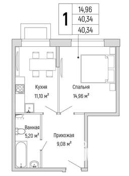 1-к квартира, вторичка, 40м2, 1/9 этаж