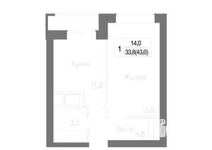 1-к квартира, строящийся дом, 44м2, 2/5 этаж