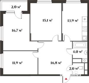 2-к квартира, вторичка, 55м2, 1/6 этаж