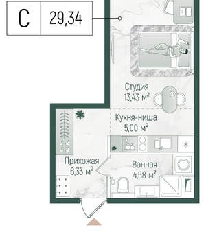 Студия квартира, вторичка, 29м2, 1/9 этаж