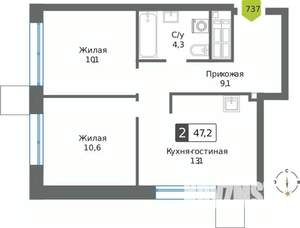 2-к квартира, вторичка, 47м2, 27/32 этаж