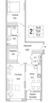 2-к квартира, вторичка, 77м2, 2/9 этаж