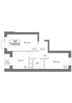 2-к квартира, строящийся дом, 50м2, 3/4 этаж