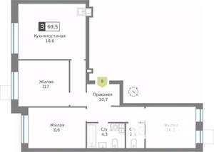 3-к квартира, строящийся дом, 70м2, 2/9 этаж