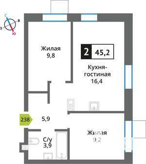 1-к квартира, вторичка, 45м2, 6/9 этаж