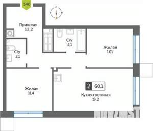 2-к квартира, вторичка, 60м2, 14/32 этаж