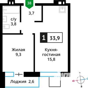 1-к квартира, строящийся дом, 34м2, 6/6 этаж