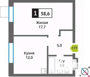 1-к квартира, вторичка, 39м2, 6/9 этаж