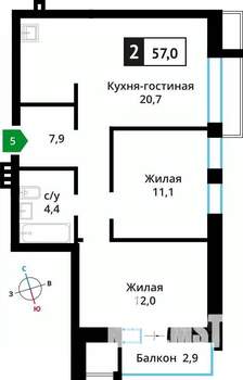 2-к квартира, вторичка, 57м2, 2/6 этаж