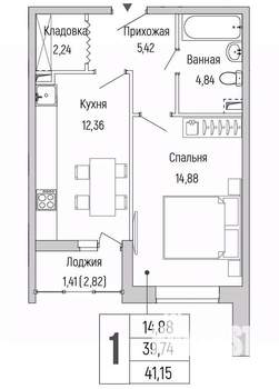 1-к квартира, вторичка, 41м2, 2/9 этаж