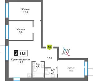 3-к квартира, вторичка, 69м2, 4/9 этаж