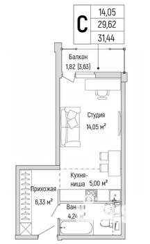 Студия квартира, вторичка, 31м2, 6/9 этаж