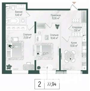2-к квартира, вторичка, 78м2, 1/10 этаж
