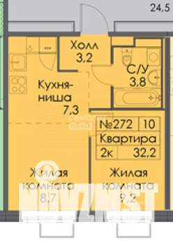 1-к квартира, вторичка, 32м2, 6/9 этаж