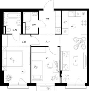 2-к квартира, вторичка, 56м2, 2/9 этаж