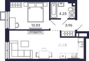 1-к квартира, строящийся дом, 44м2, 2/28 этаж