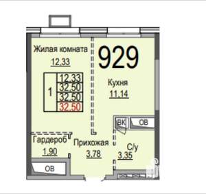1-к квартира, вторичка, 33м2, 15/25 этаж