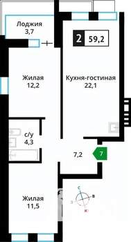 2-к квартира, вторичка, 59м2, 2/6 этаж