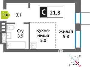 1-к квартира, строящийся дом, 22м2, 9/9 этаж