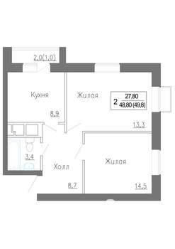 2-к квартира, вторичка, 50м2, 1/5 этаж