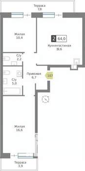 2-к квартира, строящийся дом, 64м2, 1/9 этаж