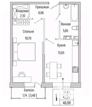 1-к квартира, вторичка, 49м2, 7/9 этаж