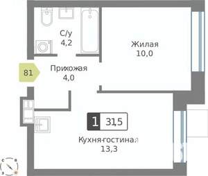 1-к квартира, строящийся дом, 32м2, 6/9 этаж