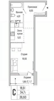 Студия квартира, вторичка, 37м2, 8/9 этаж