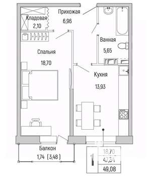 1-к квартира, вторичка, 49м2, 5/9 этаж