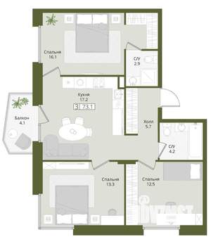 3-к квартира, вторичка, 73м2, 3/8 этаж