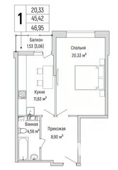 1-к квартира, вторичка, 47м2, 2/9 этаж