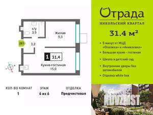 1-к квартира, вторичка, 31м2, 6/6 этаж