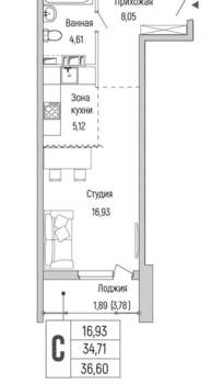 Студия квартира, вторичка, 37м2, 6/9 этаж