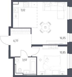 1-к квартира, строящийся дом, 44м2, 6/24 этаж