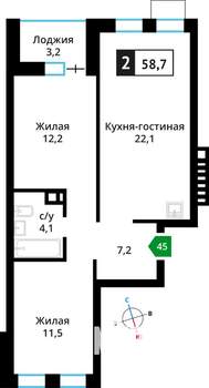 2-к квартира, строящийся дом, 59м2, 4/6 этаж