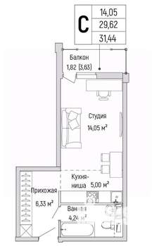 Студия квартира, вторичка, 31м2, 9/9 этаж