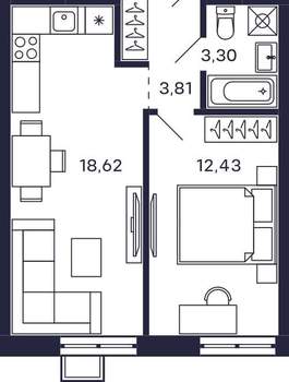 1-к квартира, строящийся дом, 40м2, 20/28 этаж
