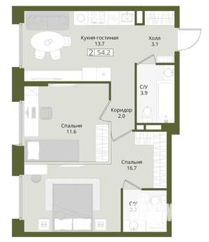 2-к квартира, вторичка, 54м2, 1/8 этаж