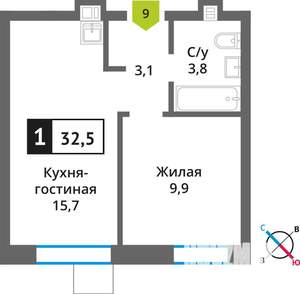 1-к квартира, строящийся дом, 33м2, 9/9 этаж