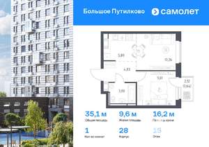 1-к квартира, вторичка, 35м2, 15/25 этаж