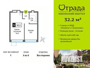 1-к квартира, вторичка, 32м2, 6/6 этаж
