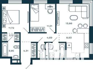 2-к квартира, строящийся дом, 66м2, 21/25 этаж