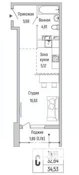 Студия квартира, вторичка, 35м2, 6/9 этаж