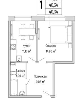 1-к квартира, вторичка, 40м2, 1/9 этаж