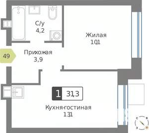 1-к квартира, строящийся дом, 31м2, 9/9 этаж