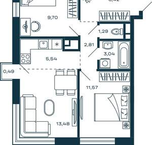 2-к квартира, строящийся дом, 54м2, 11/25 этаж